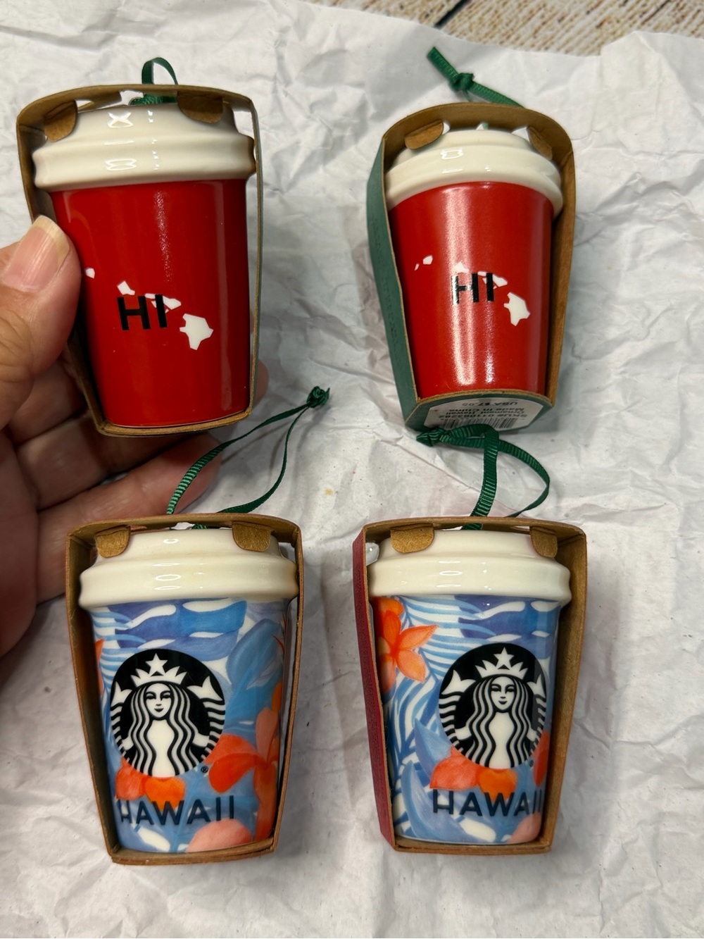 Set of 4 Starbucks Red and Blue Hawaii Ceramic Cup Ornaments 2015 & 2016